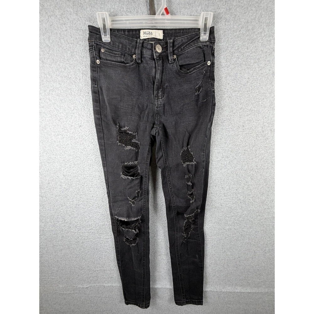Mudd Jeans 1 Black Charcoal Distressed Skinny FLX Stretch Low Rise Denim